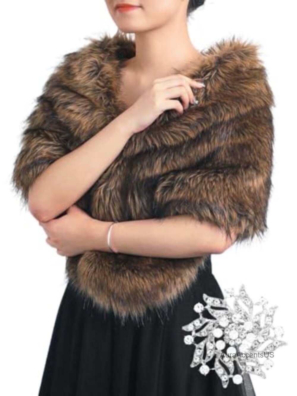 Faux Fur Wedding Shawl Wrap Bridal Stole with Brooch Formal Winter